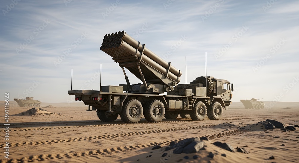 Fototapeta premium Mobile Multiple Rocket Launcher System in Desert Battlefield, Military Artillery Vehicle, Long Range Missile Strike Platform, Army Defense Technology, Tactical Warfare, Modern Combat and Strategic