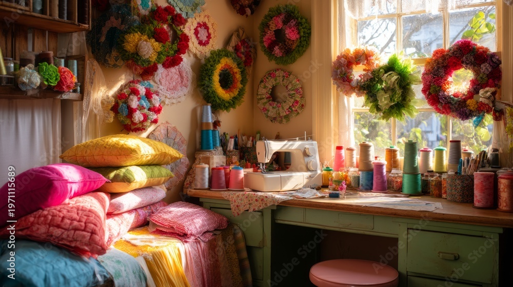 Fototapeta premium Cozy Sewing Room with Colorful Patchwork Fabric and Wreath Decorations