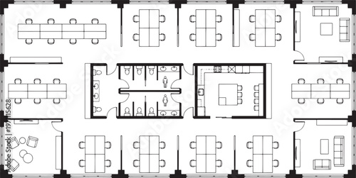 An architectural blueprint of a modern office space, a minimalist perspective detailing various functional areas, including individual work stations and communal areas.