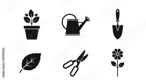 Collection of black silhouette gardening icons: potted plant, watering can, garden trowel, leaf, pruning shears, flower. Horticulture set.