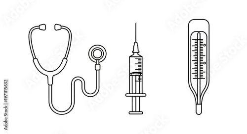 Medical diagnostic tools line art vector icons: stethoscope, reflex hammer, syringe, and thermometer. Healthcare equipment illustration.