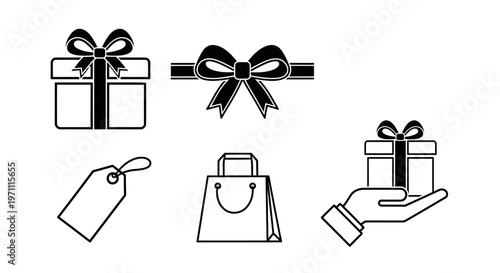 Elegant outline gift and shopping icons set. Vector illustration of presents, bows, tags, and shopping bag for holidays and promotions.