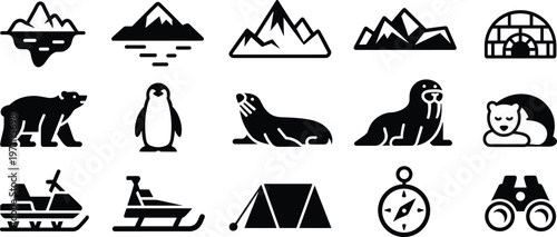 Arctic winter exploration vector icon set featuring polar animals, ice mountains, snowmobile, igloo, tent, and navigation tools on white background.
