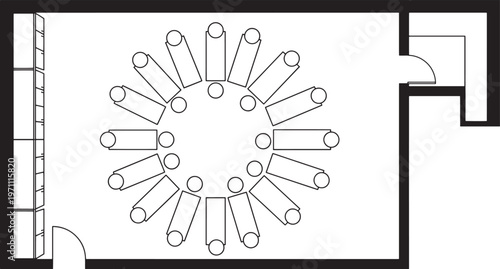 An overhead view illustrates a conference or meeting layout, with a large circular table surrounded by evenly spaced chairs, showcasing a modern meeting space.