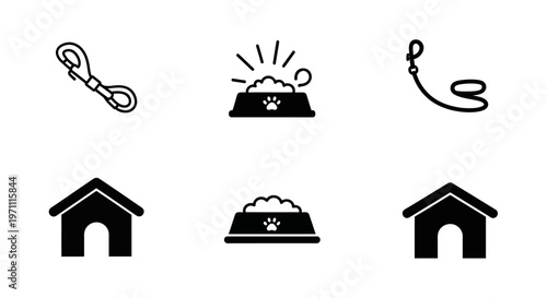 Pet Care Accessories and Supplies Vector Icon Set. Collection of Simple Black Illustrations for Dogs Including Leash, Food Bowl, and House