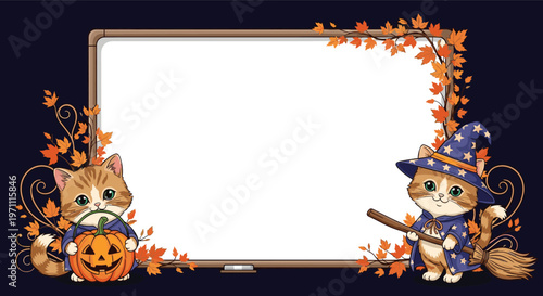 Festive Halloween themed blank whiteboard frame decorated with autumn leaves and two cute cats dressed in spooky wizard costumes.