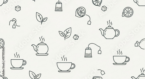 Tea, coffee, and herbal infusions seamless pattern, line art icons, tea cups, teapots, leaves, and lemons on cream background