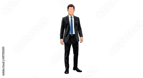 Businessman in a black suit and blue tie standing confidently alone