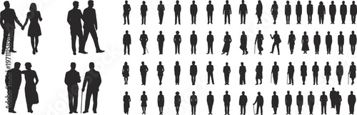 Black Silhouette People, Diverse Men and Women Standing in Groups, Walking Couples, Business Figures, Professional Human Silhouettes for Vector Design, Isolated