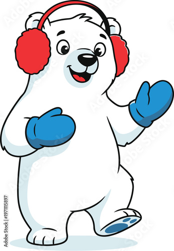 A cartoon polar bear wearing red headphones and blue gloves is dancing with joy