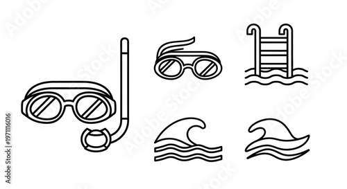 Swimming and Water Sports Outline Icons Set. Includes Snorkel Mask, Goggles, Pool Ladder, and Ocean Waves for Summer Fun