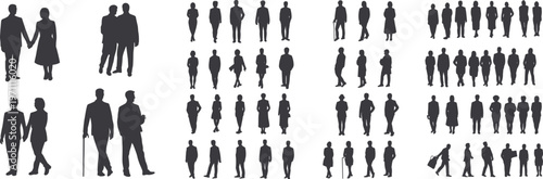 Black Silhouette People, Diverse Men and Women Standing in Groups, Walking Couples, Business Figures, Professional Human Silhouettes for Vector Design, Isolated