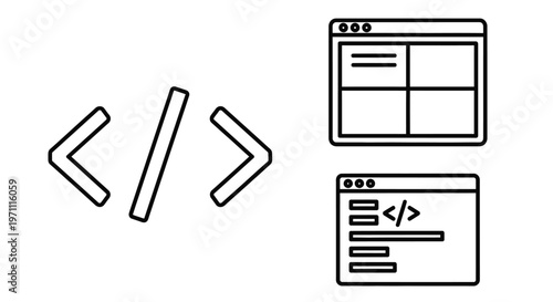 Web Development and Coding Icons: Browser Windows, Code Tags Symbol, Programming Interface Outline for Software