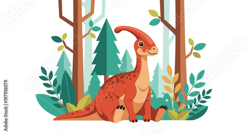 Friendly long-necked dinosaur sitting peacefully in a lush forest surrounded by tall pine trees and various green plants.