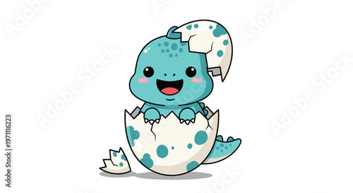Adorable blue baby dinosaur with a joyful expression hatching from a spotted eggshell against a clean white background.