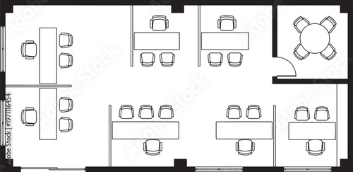 A meticulously designed office layout that showcases a strategic arrangement of workspaces and conference area, perfect for illustrating concepts of office planning, spatial design.