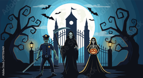 Spooky Halloween scene featuring a zombie police officer, the grim reaper, and a skeleton standing before a haunted mansion gate.