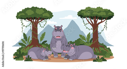 Family of three hippos standing and resting together in a lush tropical landscape with trees and mountains in the background.