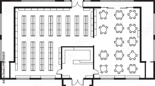 A detailed architectural floor plan of a modern library, showcasing the layout of shelves, tables, and organizational structures.