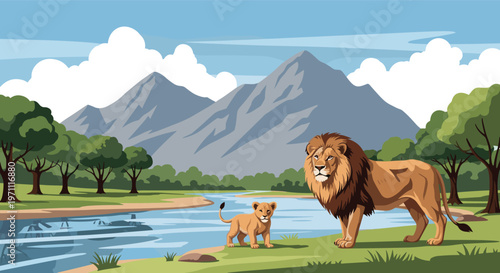 Majestic male lion standing with a small cub on the bank of a river with a stunning mountain range under a clear blue sky.