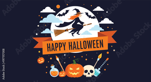 Witch flying her broomstick across a full moon night sky surrounded by bats, pumpkins, and a Happy Halloween banner.