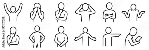 Human body language gestures, faceless stick figure poses, and emotional character expressions for communication line icon set