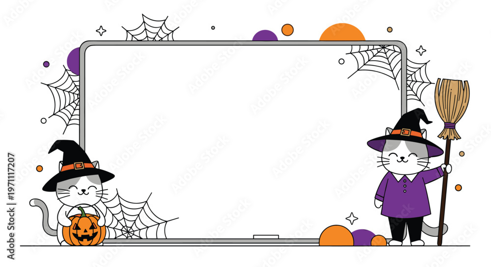 Fototapeta premium Whiteboard frame decorated with spider webs and two cute cats wearing purple witch costumes for a fun Halloween message.