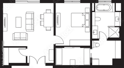Detailed architectural drawing of a modern residential floor plan with minimalist furniture arrangement, showcases a harmonious blend of functionality and style.
