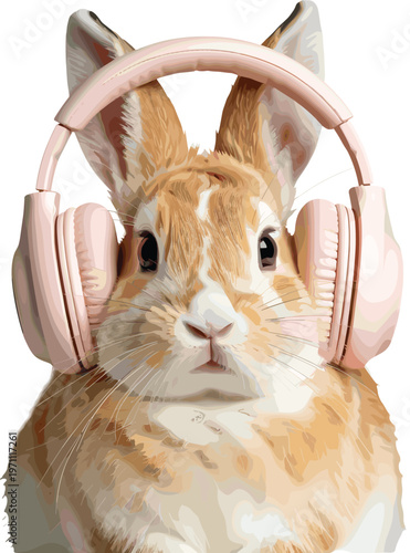 Quadro su tela Cute rabbit wearing pink headphones vector illustration, funny bunny listening to music, pet animal portrait isolated on white background, design