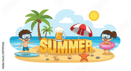 Children playing on a sunny beach with the word Summer written in large yellow letters next to palm trees and a cold drink.