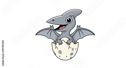 Happy baby pterodactyl with grey wings and a long beak hatching from its spotted eggshell on a white background.