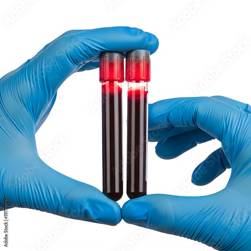 Gloved hand holding two test tubes with colored liquids for laboratory analysis
