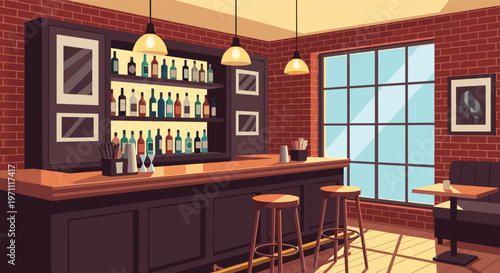 Empty interior of a modern bar featuring a long dark counter, wooden stools, brick walls, and shelves full of liquor bottles.