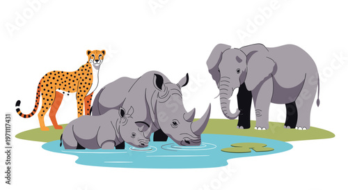 Group of african wildlife including a cheetah, rhinos, and an elephant drinking water from a pond in the savanna.