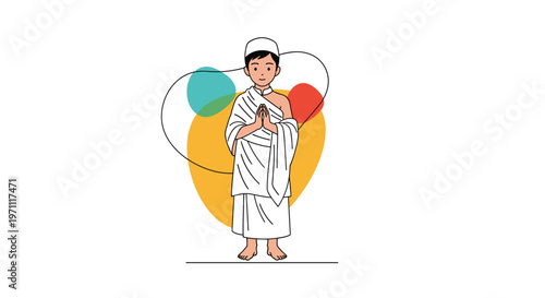 Respectful young boy wearing traditional white Hajj pilgrimage clothes and standing with his hands in prayer against a colorful background.
