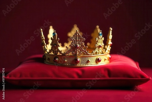 A golden crown fit for a queen on a plush velvet pillow, symbolizing royalty and power , headpiece, accessory
