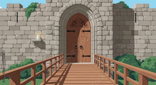 Strong wooden door of a grand medieval stone castle with an arched entrance and a wooden bridge leading across a moat.