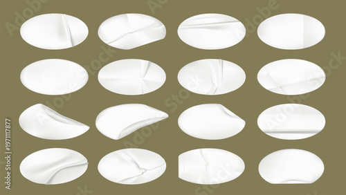 Set of 16 white paper textures on a brown background. Each paper texture is oval-shaped. Paper textures vary in folds and creases. White paper, brown background. Sticker element vector set.