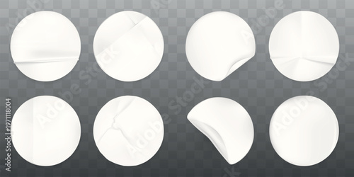 Set of eight white round stickers with various folds and creases on a transparent background. Stickers with creases, folds, and round shapes for design projects. Sticker element vector set.