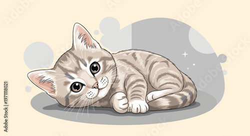 Small and adorable tabby kitten with large expressive eyes lies down comfortably on a soft neutral-colored background.
