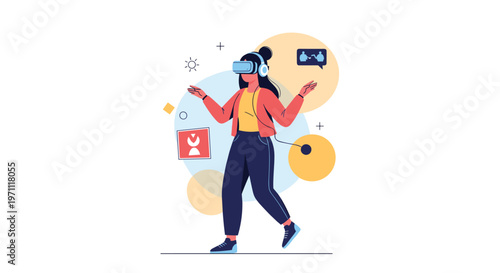 Young woman experiences immersive virtual reality while wearing a vr headset and headphones in a modern abstract setting.