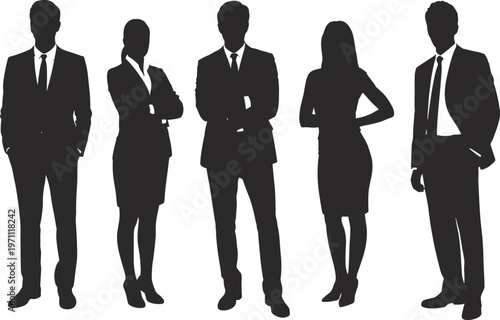 Professional business team silhouette standing confidently, corporate executives in formal attire, teamwork concept, leadership, success, collaboration, modern office, diverse professionals.