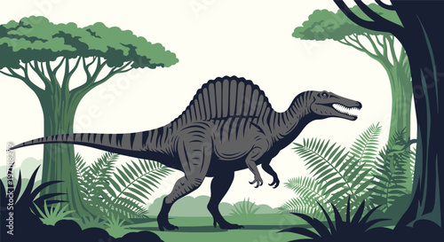 Large spinosaurus dinosaur walks through a dense prehistoric forest filled with ferns and ancient tropical trees.