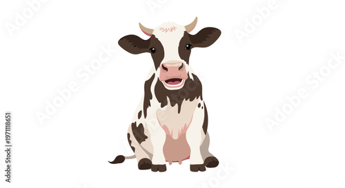 Friendly spotted cow with small horns sits and looks forward with a happy expression on a plain white background.