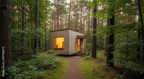Modern wooden cabin in forest with glowing interior