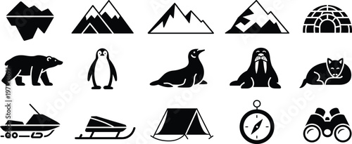 Vector silhouette icon set of arctic winter wild animals, snow mountains, igloo, tent, snowmobile, and navigation tools on white background.