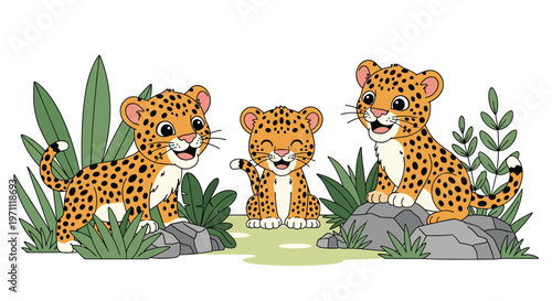 Three adorable leopard cubs play together among green plants and gray rocks in a bright and cheerful nature setting.