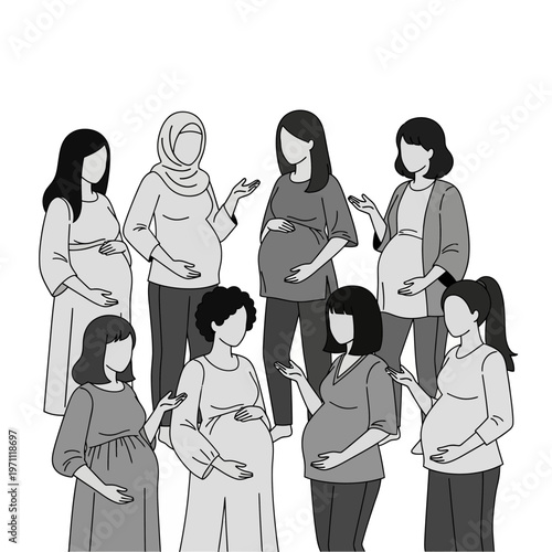 Diverse group of pregnant women standing.