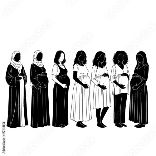 Diverse pregnant women in various dresses.