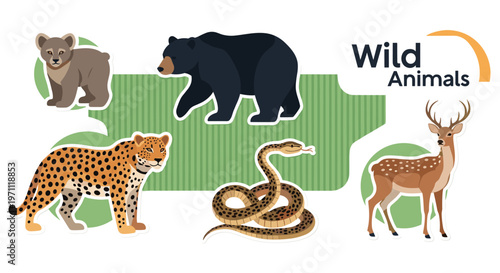 Collection of wild animal stickers featuring a bear, leopard, deer, snake, and a small cub on a green background.